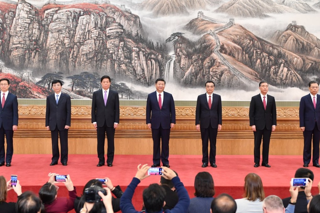 China's new Politburo Standing Committee members in the Great Hall of the People in Beijing. Photo: Xinhua