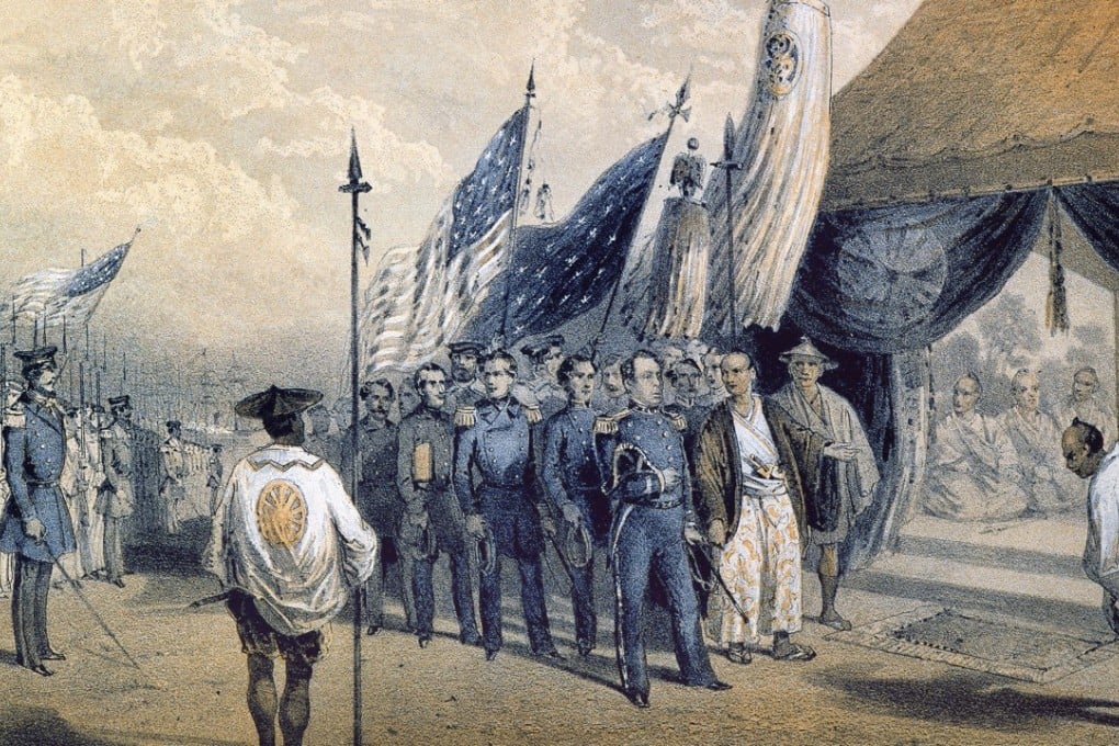 A sketch of American naval officer Commodore Matthew Perry in Yokohama, Japan, in 1853. Picture: Alamy