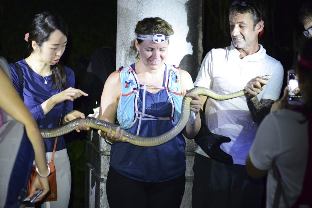 Dave Willott (in white T-shirt) and snake safari guests handle a common rat snake. in Hong Kong. Photo: Red Door News