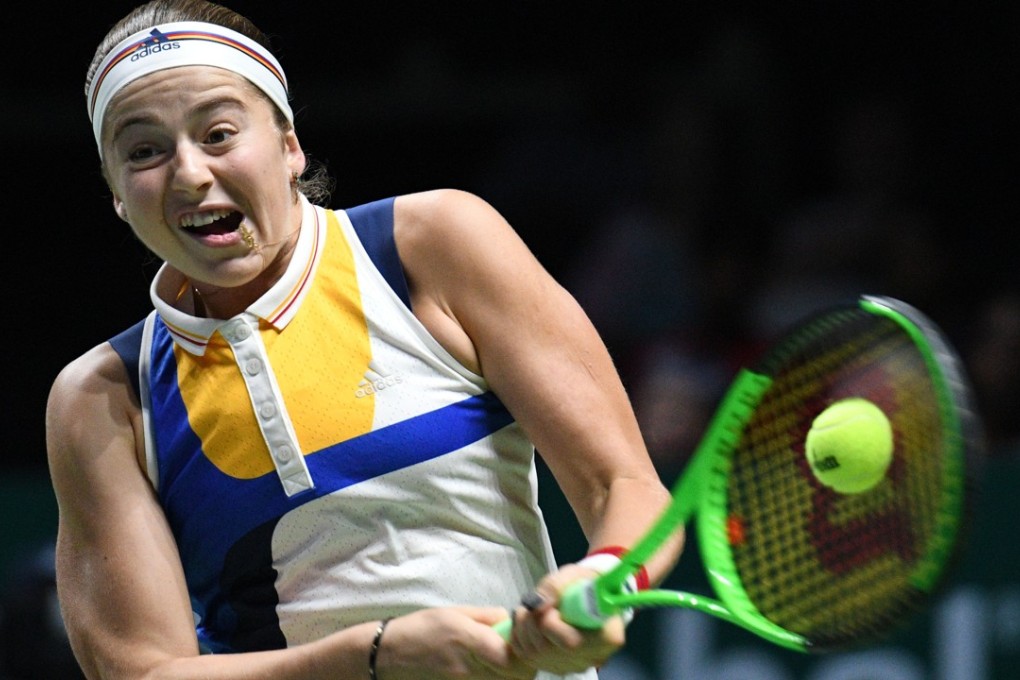 Latvia’s Jelena Ostapenko hits a return during her two-set win over Karolina Pliskova at the WTA Finals. Photo: Xinhua