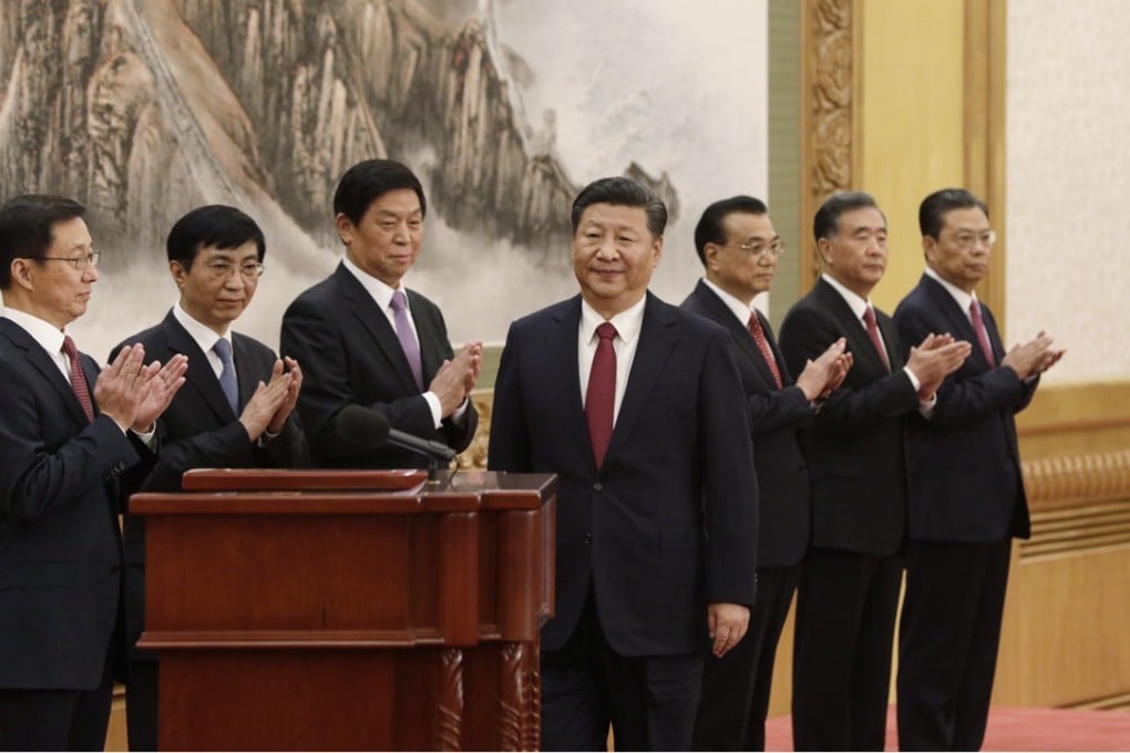 President Xi Jinping (centre) and his all-men Politburo Standing Committee (from left): Han Zheng, Wang Huning, Li Zhanshu, Li Keqiang, Wang Yang and Zhao Leji. Photo: Bloomberg