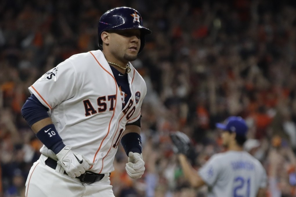 Houston Astros’ Yuli Gurriel hits a home run off Yu Darvish during Game Three in the World Series. Photo: AP