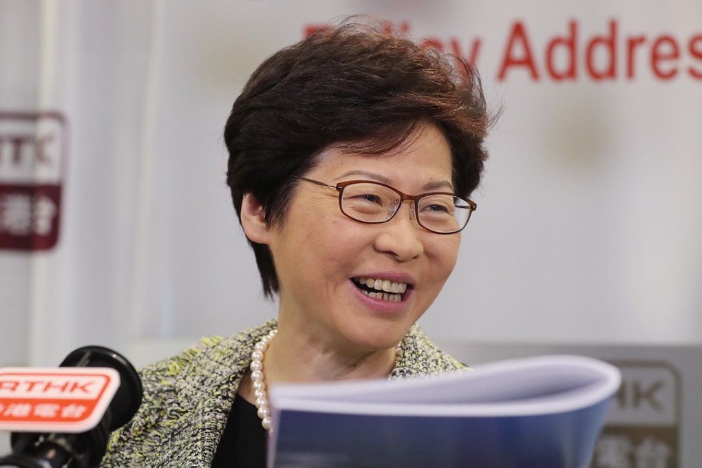 Chief Executive Carrie Lam Cheng Yuet-ngor attends a phone-in programme about policy address at RTHK. Photo: Edward Wong