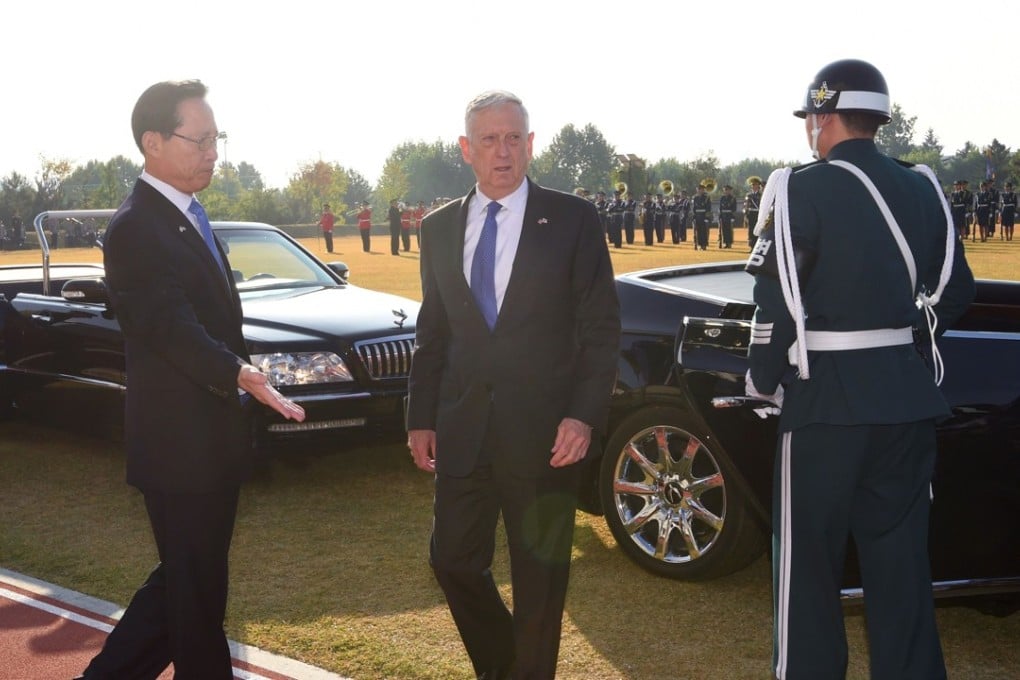 US Secretary of Defence James Mattis is met by South Korea’s Defence Minister Song Young-moo at a welcoming ceremony in Seoul on October 28, 2017. Photo: AFP