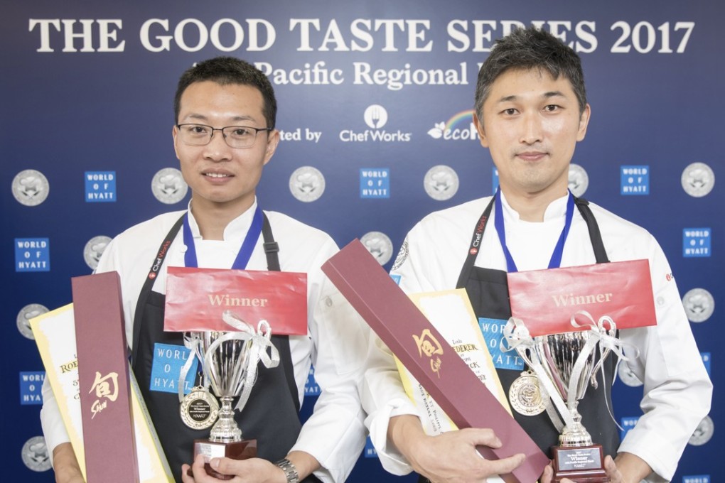First-place winner Tomoya Sugizaki (right) and second-place winner Jack Jia Yuebo celebrate their victories in Hyatt’s Good Taste Series culinary competition for Asia-Pacific.
