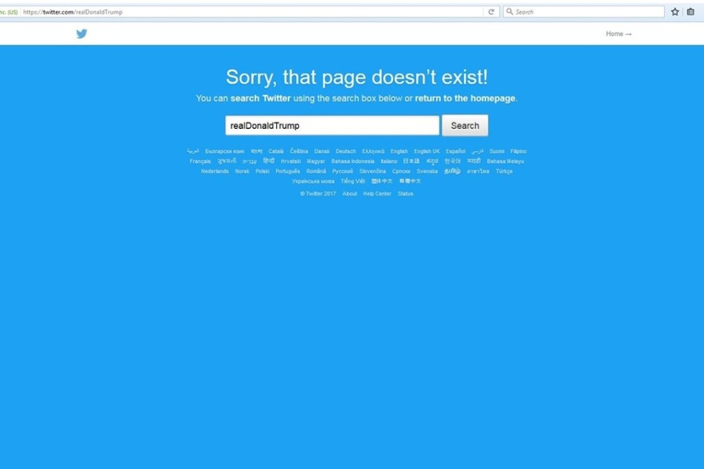 The US president's personal account, @realDonaldTrump, vanished for 11 minutes on Thursday. This is the message that greeted people looking for it during that time. Photo: Twitter