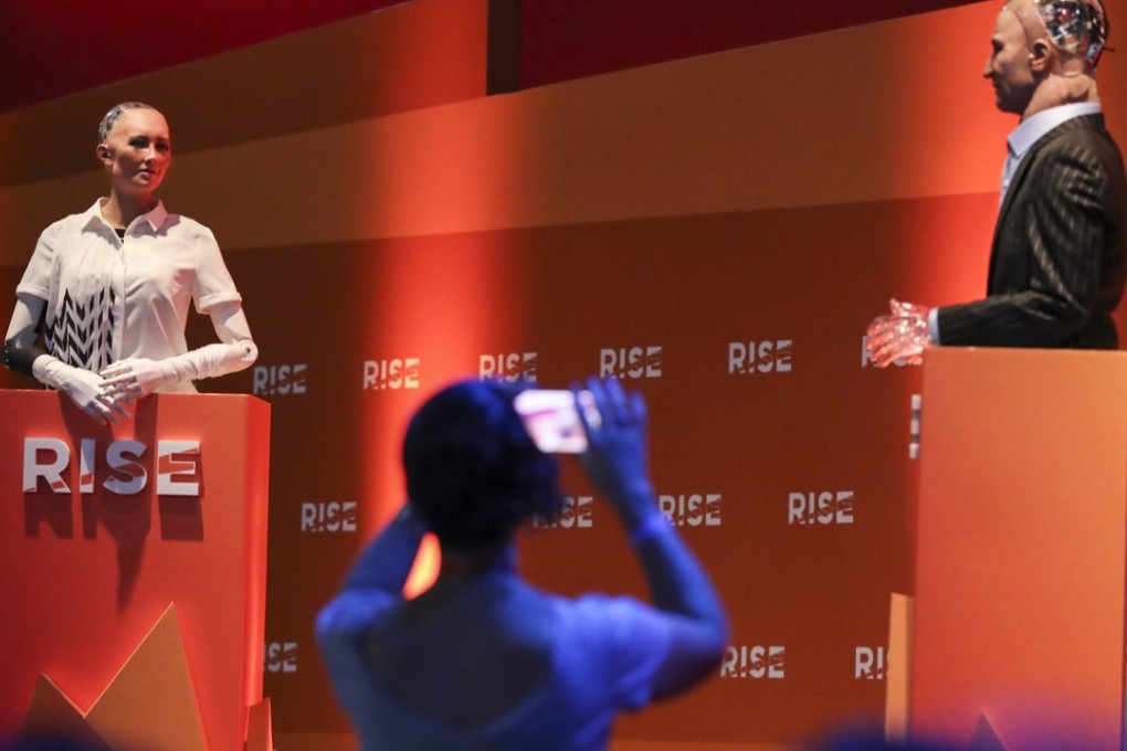 Two robots debate the future of humanity at the Rise conference at the Hong Kong Convention and Exhibition Centre in Wan Chai. Photo: Nora Tam