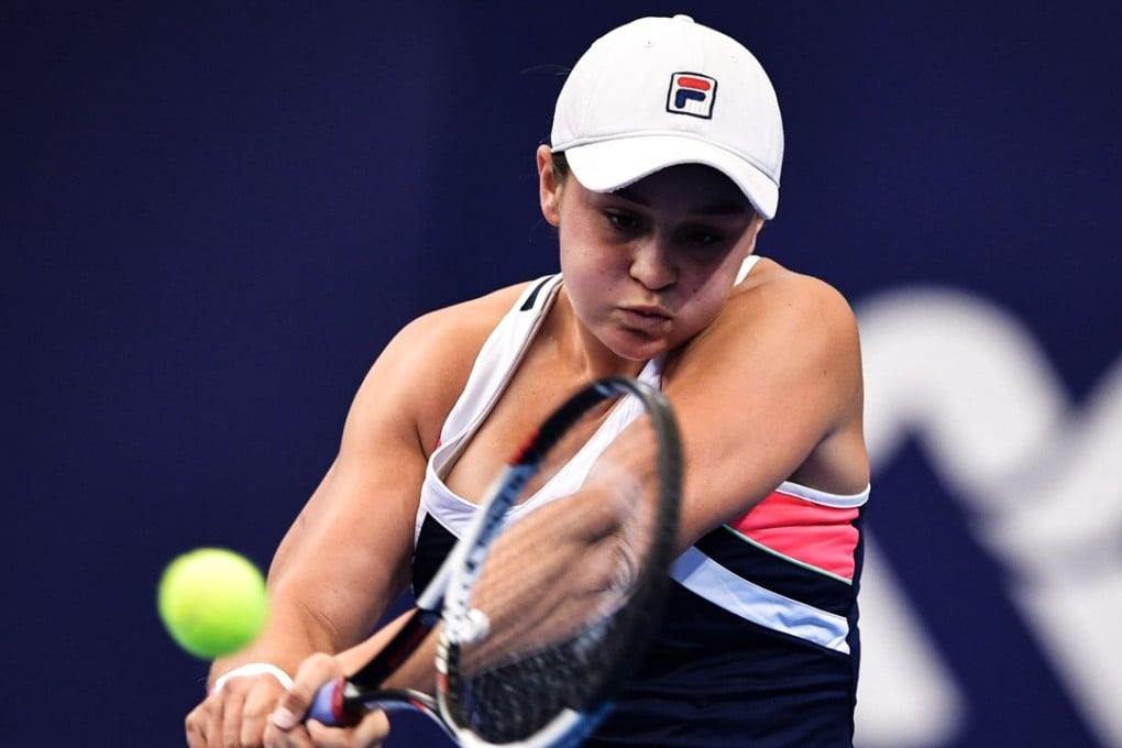 Ashleigh Barty of Australia hits a return against Angelique Kerber, whom she defeated in straight sets to make the semi-finals of the WTA Elite Trophy in Zhuhai. Photo: AFP