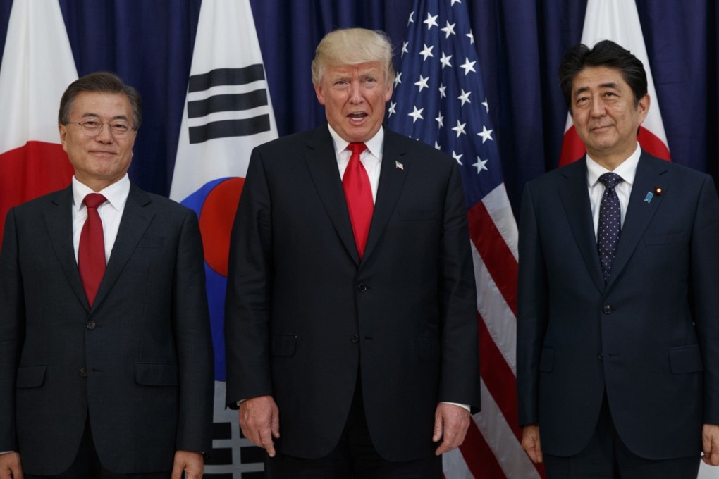 Moon, Trump and Abe at the US consulate general in Hamburg, Germany. Photo: AP