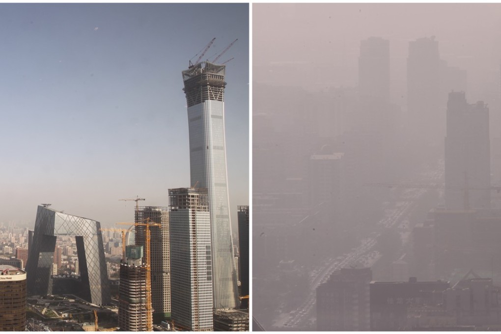 The view to the north of Beijing (left) and to the south from a skyscraper in the centre of the capital on Tuesday morning. Photo: Simon Song