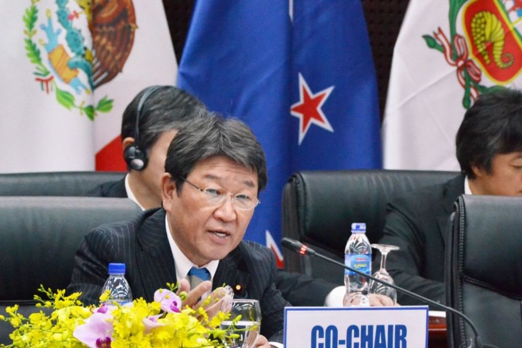 Japan's minister in charge of Trans-Pacific Partnership talks, Toshimitsu Motegi, calls for a broad agreement to be reached between the 11 signatories remaining in the free trade accord at the beginning of a ministerial meeting in Vietnam. Photo: Kyodo