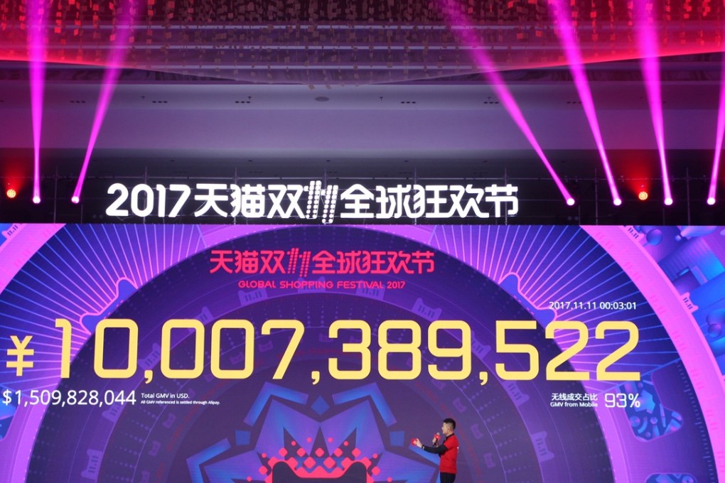 The Tmall Singles’ Day (11:11) Global Shopping Festival of Alibaba starts with a bang as transactions reached 10 billion yuan in just over 3 minutes on November 11, 2017. Photo: Simon Song