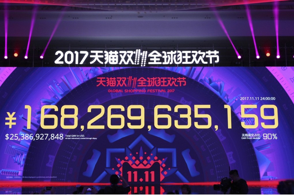 A big screen at the media centre of Tmall Global Singles’ Day Shopping Festival in Shanghai shows by 12 am of Nov 12 of Tmall during Singles' Day has exceeded 168 billion yuan. Photo: Simon Song