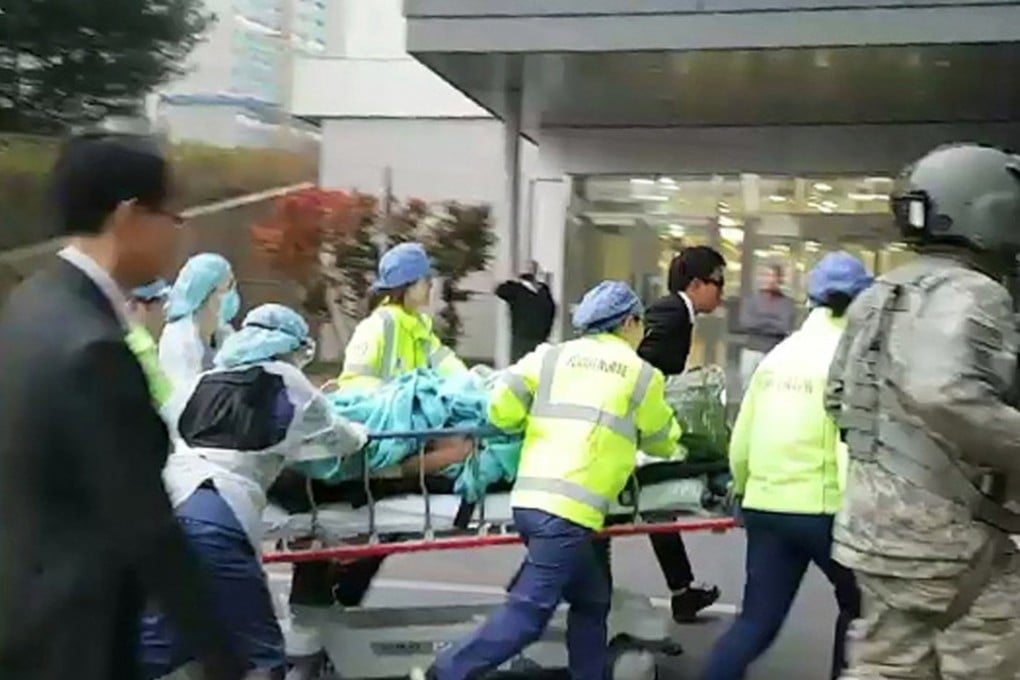 The injured North Korean soldier being transported to a hospital in Suwon, South Korea. Photo: EPA