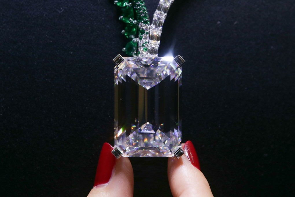 A necklace, known as Creation I, featuring a 163.41 carat D colour flawless diamond. Photo: AFP