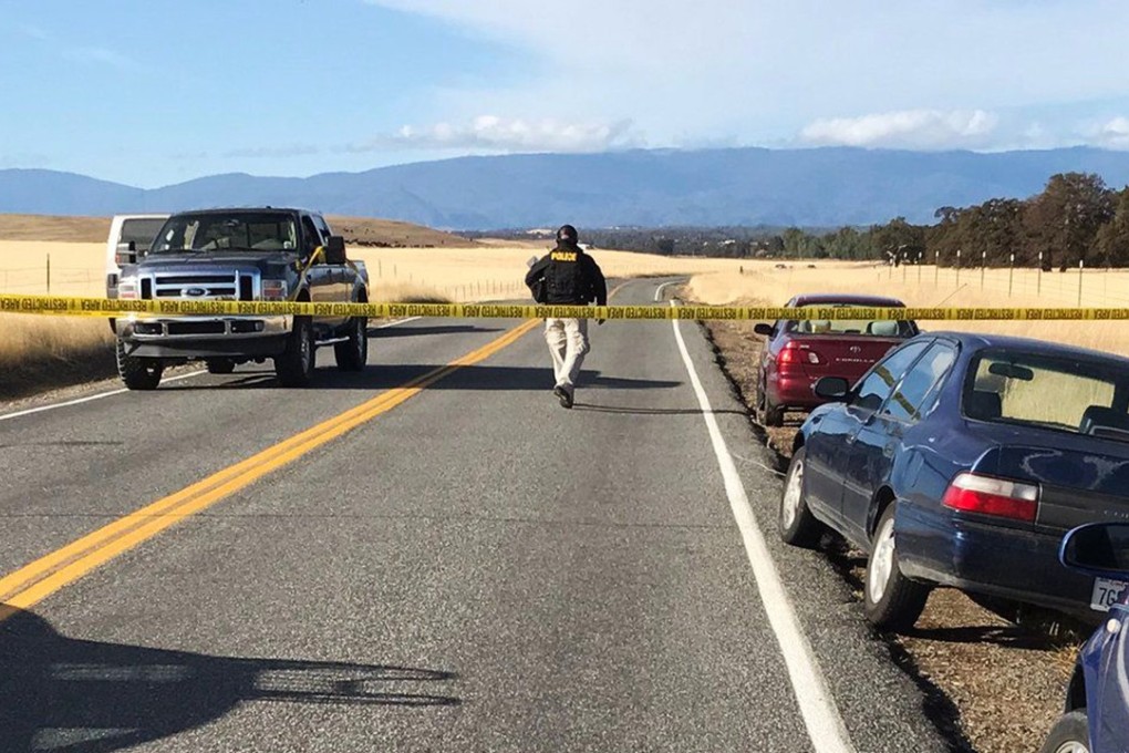 Crime tape blocks off Rancho Tehama Road leading into the Rancho Tehama subdivision south of Red Bluff, California, following a fatal shooting on Tuesday, November 14, 2017. Photo: The Record Searchlight via AP