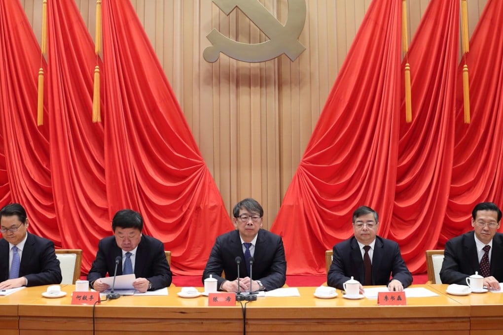 Chen Xi (centre), the recently appointed personnel chief, said the violation of political principles was no less damaging to China’s Communist Party than corruption. Photo: Xinhua