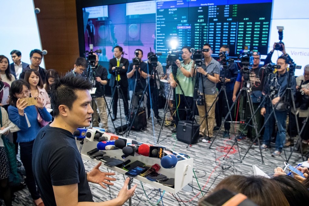 Tan Min-Liang, chief executive officer and co-founder of Razer., speaks to the media following the company's listing ceremony at the Hong Kong stock exchange in Hong Kong on November 13. Photo: Bloomberg