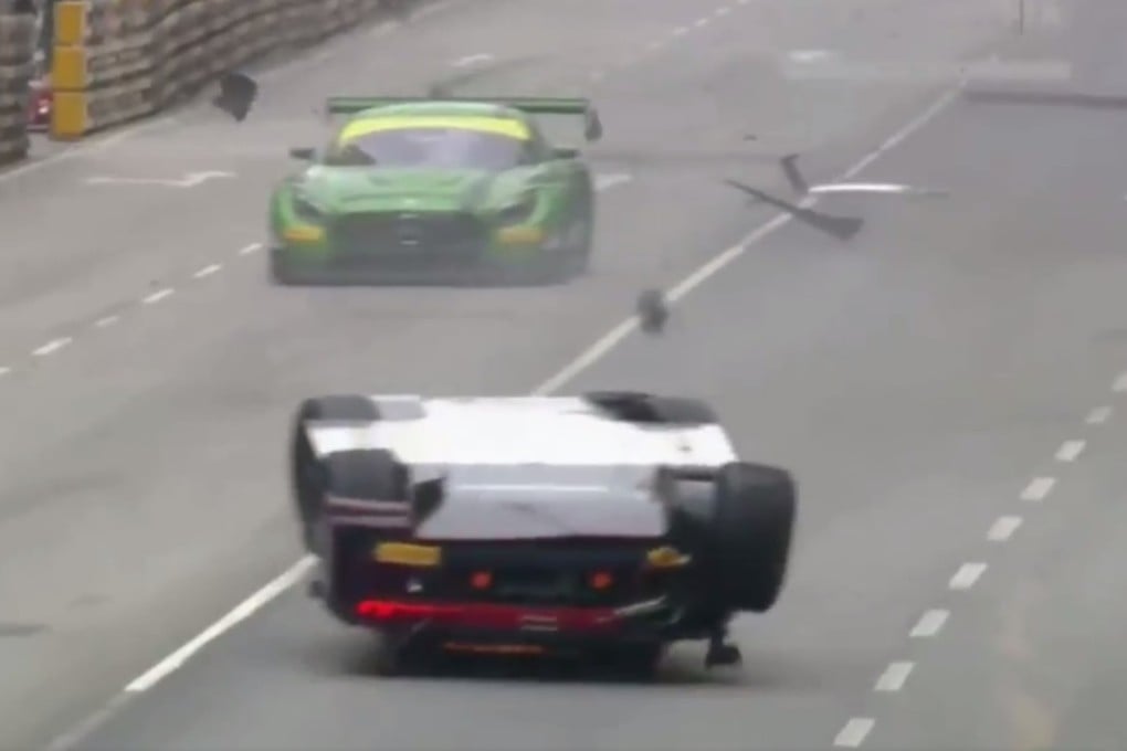Laurens Vanthoor’s car skids along on its roof after his collision at the Mandarin bend during last year’s SJM Macau GT Cup – FIA GT World Cup. Photo: Handout