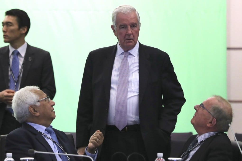 World Anti-Doping Agency (Wada) President Craig Reedie, centre, talks with IOC member Robin Mitchell (L) and Drug-Free Sport New Zealand Board Chair Warwick Gendall (R) before the start of Wada’s foundation board meeting in Seoul, South Korea, on Thursday, November 16, 2017. Photo: AP
