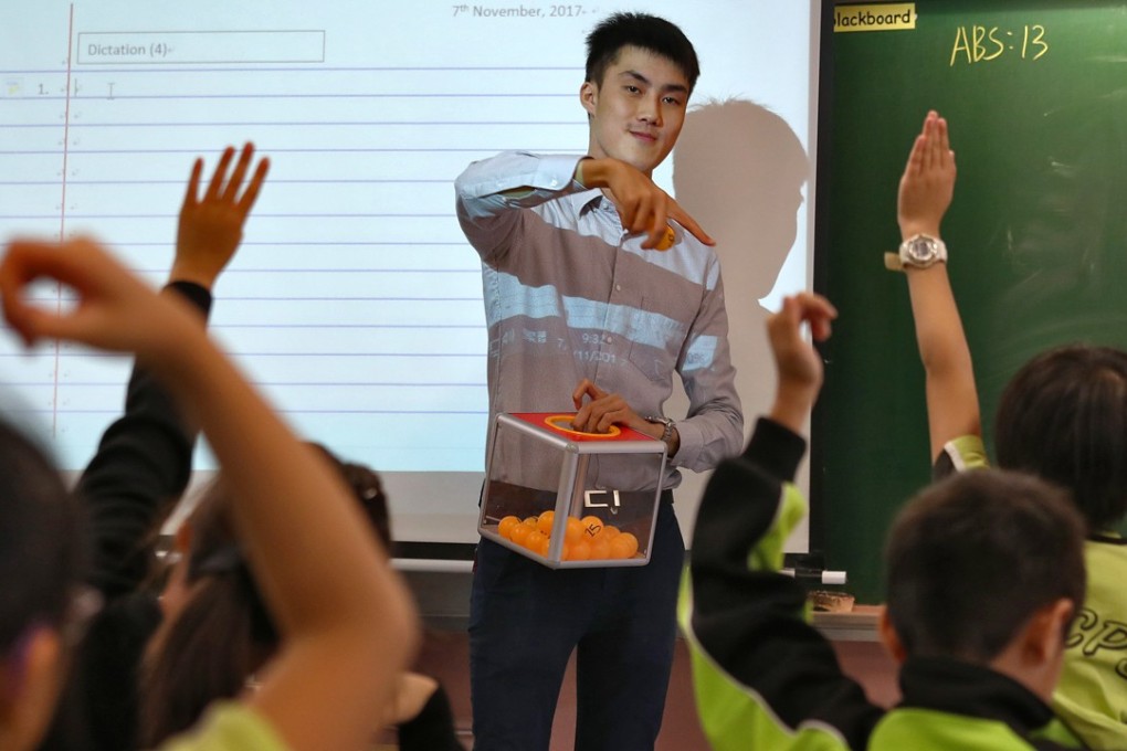 Teach4HK fellow Matthew Kwok Tsz-lok at St Bonaventure Catholic Primary School. Photo: Nora Tam