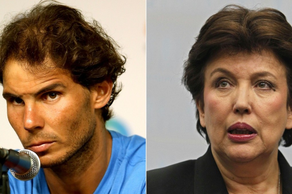 Spain’s Rafael Nadal and former French minister Roselyne Bachelot, who lost and was sentenced to a suspended fine of €500 for defamation after she accused Nadal of doping during a television show last year. Photo: AFP