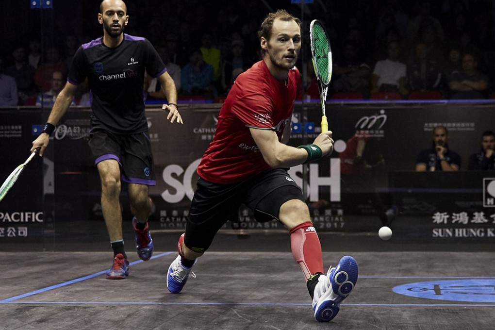 France’s Gregory Gaultier plays a return against Egypt’s Marwan Elshorbagy during his quarter-final loss at the Hong Kong Open. Photos: Hong Kong Squash