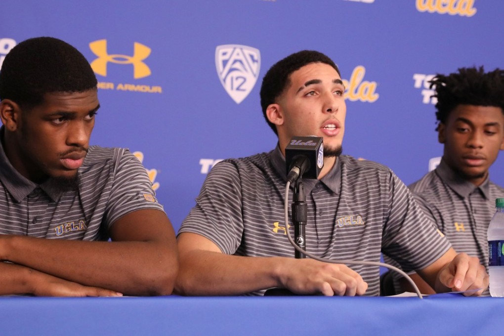 Basketball players Cody Riley, LiAngelo Ball and Jalen Hill attend a press conference on Wednesday at UCLA in Los Angeles, California, after flying back from China where they were detained on suspicion of shoplifting. Photo: Reuters