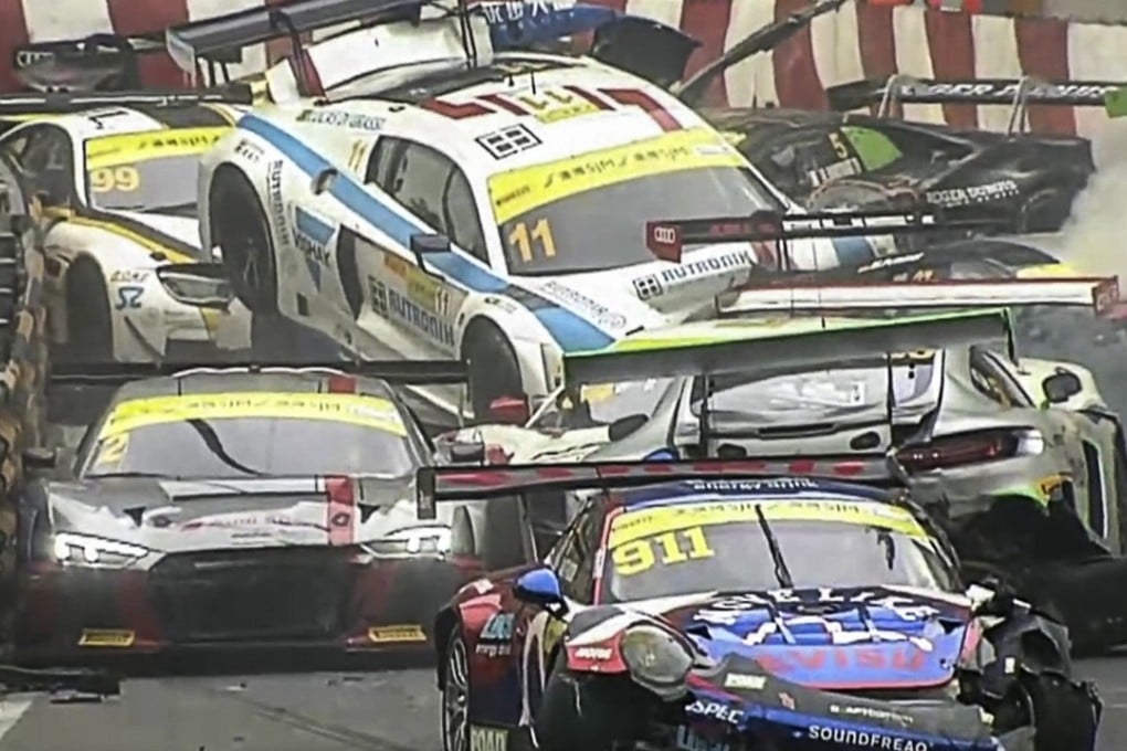 A television broadcast image of the pile-up. Photo: Macau Grand Prix channel
