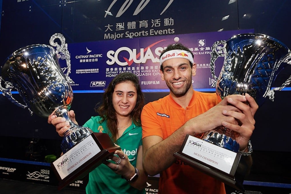 Hong Kong Squash Open 2017 champions Nour El Sherbini and Mohamed Elshorbagy. Photos: Hong Kong Squash