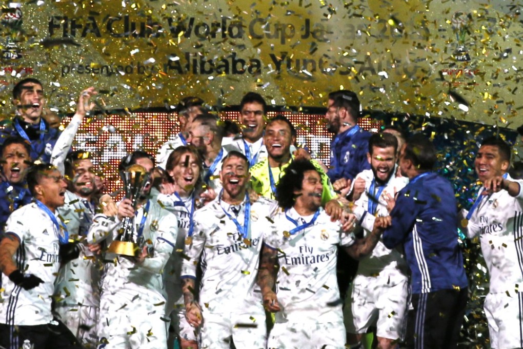 Real Madrid players celebrate on the podium after defeating Kashima Antlers in the final of the 2016 Fifa Club World Cup. Photo: AP