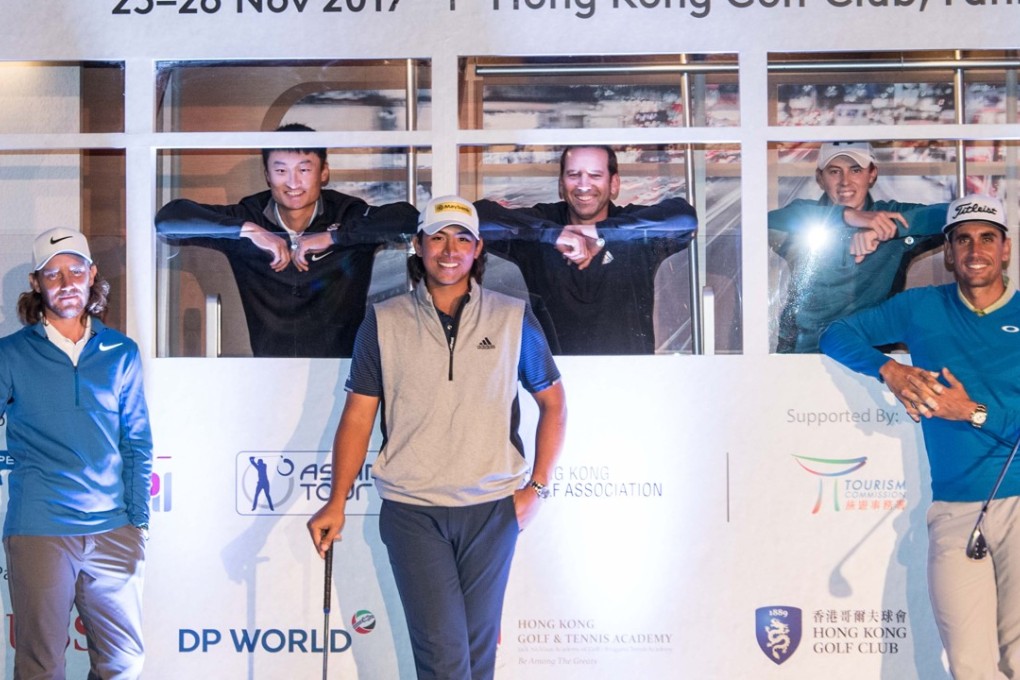 Tommy Fleetwood (left), Li Haotong, Gavin Green, Sergio Garcia, Matthew Fitzpatrick and Rafa Cabrera Bello at the Urban Golf Challenge. Photo: Takumi Images