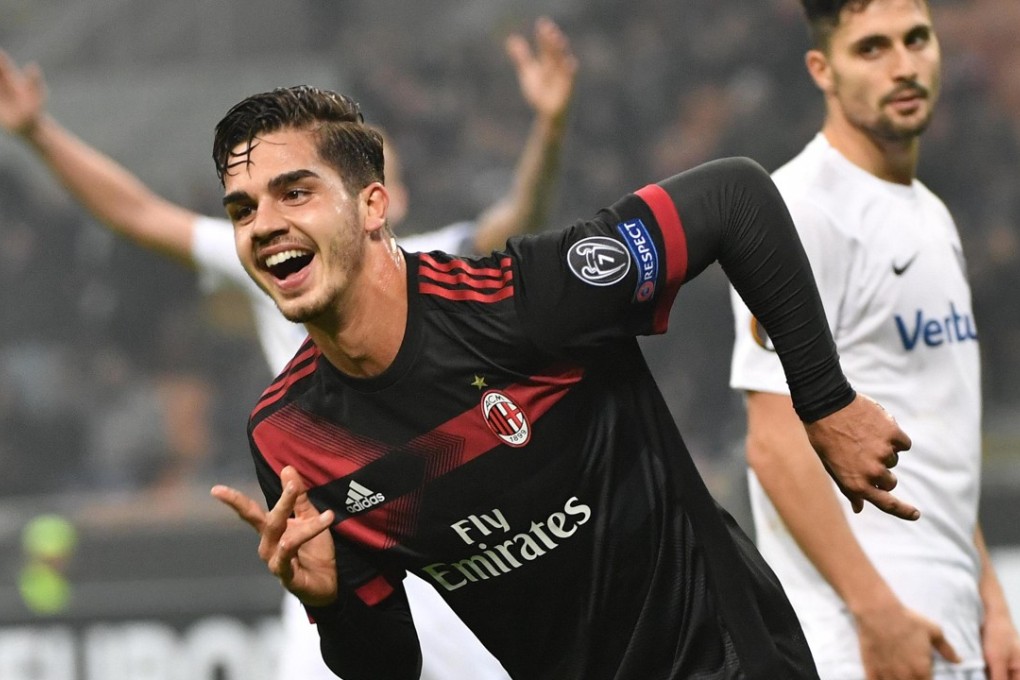 AC Milan’s Andre Silva celebrates scoring during their Uefa Europa League group win over Austria Vienna. Photo: EPA
