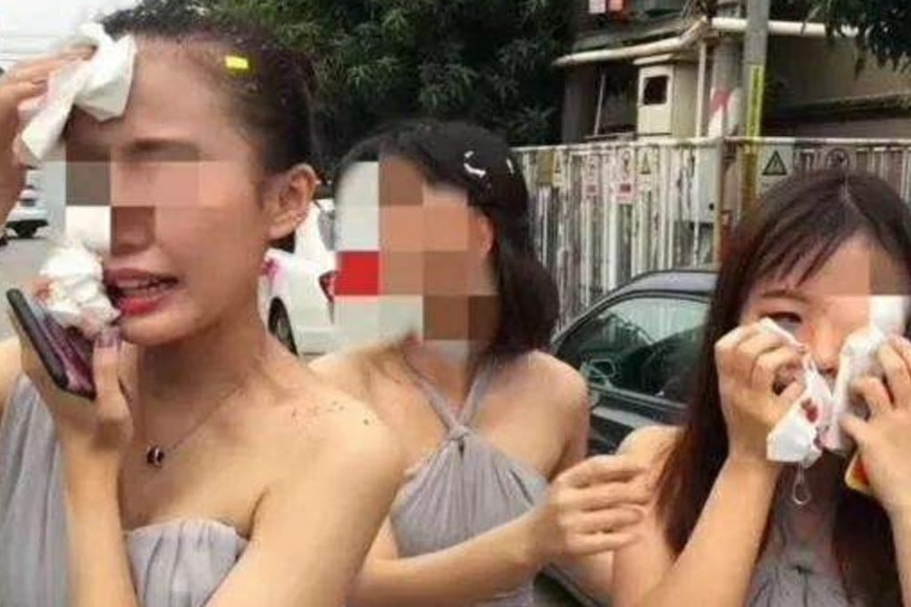 Bridesmaids staunch bleeding from facial cuts suffered during a man’s attempt to smash open a door as part of a wedding ceremony in Shenzhen. Source: Qq.com