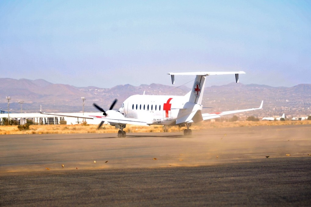 An International Committee of the Red Cross aircraft taxis on the tarmac after landing in Sanaa. Photo: AFP
