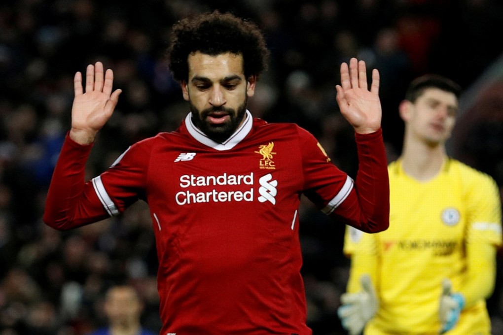 Liverpool’s Mohamed Salah celebrates scoring the first goal in their draw against Chelsea at Anfield. Photo: Reuters