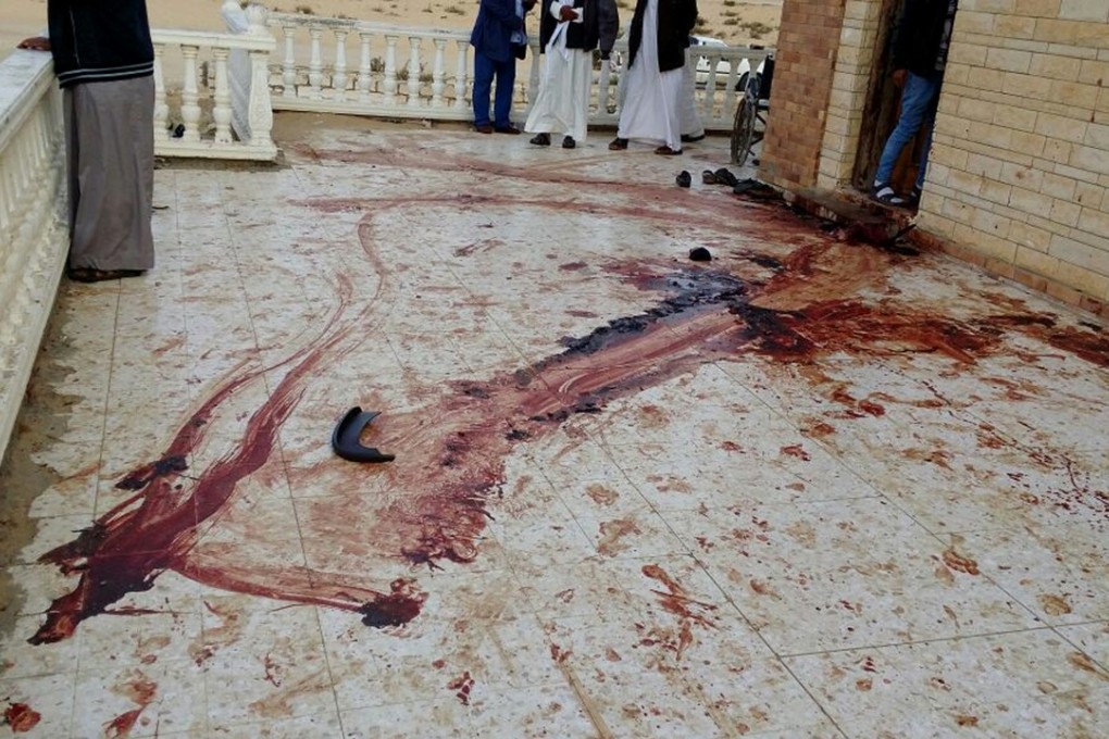 A blood trail on the veranda of Rawda Mosque in Bir al-Abd northern Sinai, Egypt a day after attackers killed hundreds of worshippers. Photo: AP