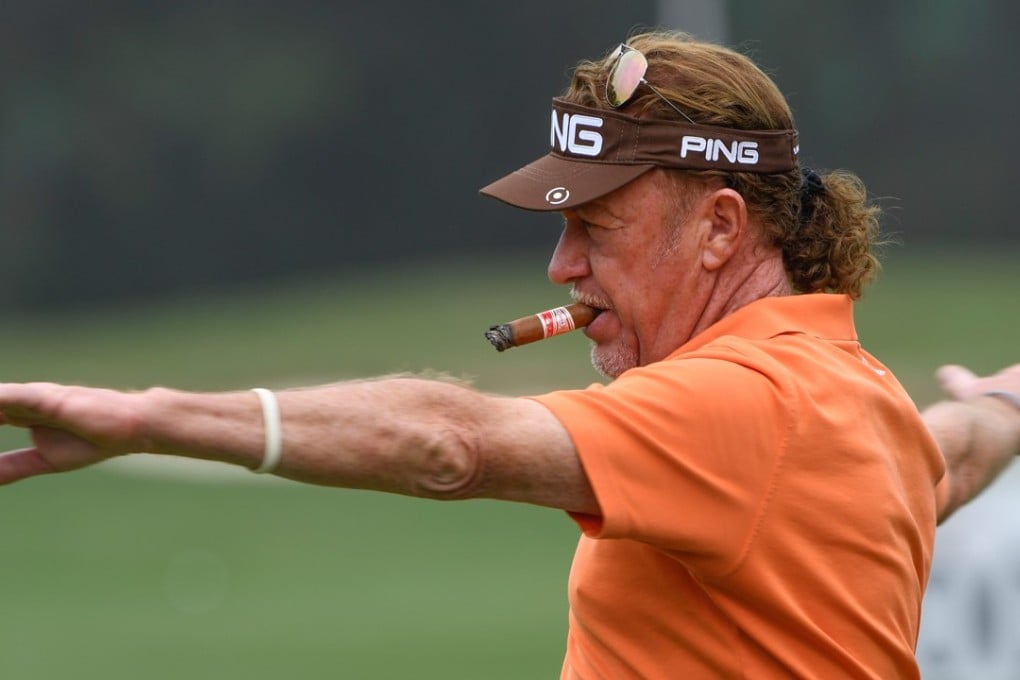 Miguel Angel Jimenez limbers up at Fanling. Photos: Richard Castka
