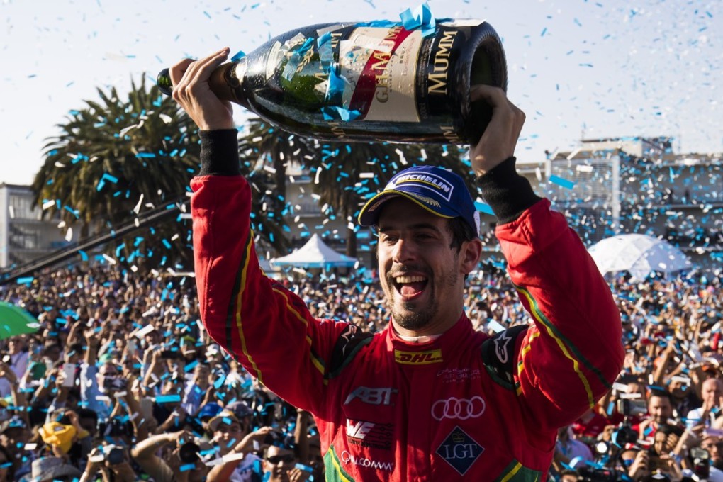 Lucas di Grassi celebrates winning in Mexico. Photo: Formula E