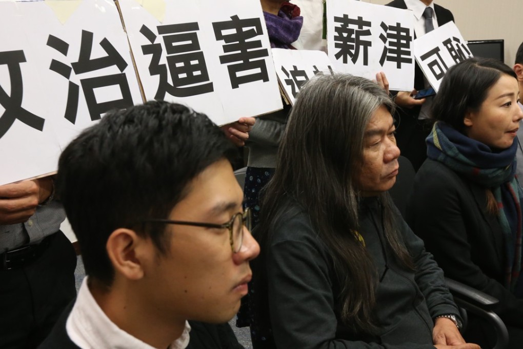 Ousted lawmakers (L to R) Nathan Law, Leung Kwok-hung, Lau Siu-lai and Edward Yiu at a press conference on Monday to respond to Legco’s demand that they repay their salaries and allowances. Photo: Felix Wong