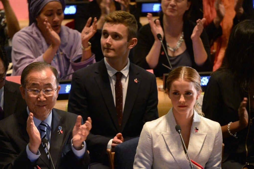 Then UN secretary general Ban Ki-moon and actress and UN Women Goodwill Ambassador Emma Watson at the launch of the HeForShe Campaign, in New York, on September 20, 2014. The campaign calls on men and boys worldwide to join the movement for gender equality. Photo: AFP