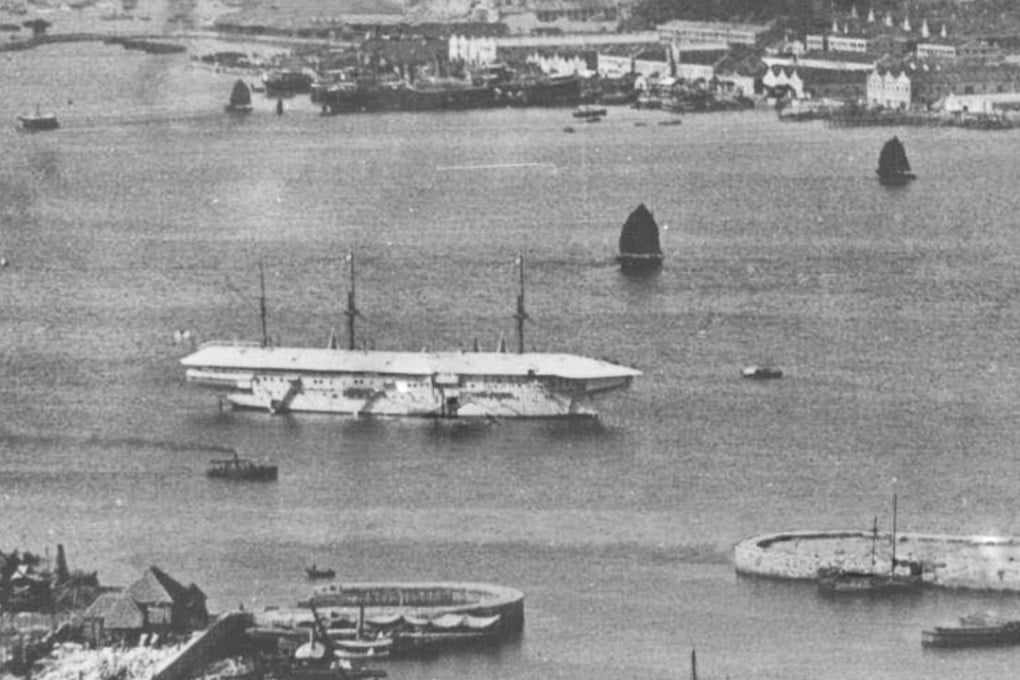 The HMS Tamar (white vessel) anchored in Victoria Harbour in 1905. Its partial remains were discovered in 2014 – only the second shipwreck ever found in Hong Kong waters. Photo: SCMP