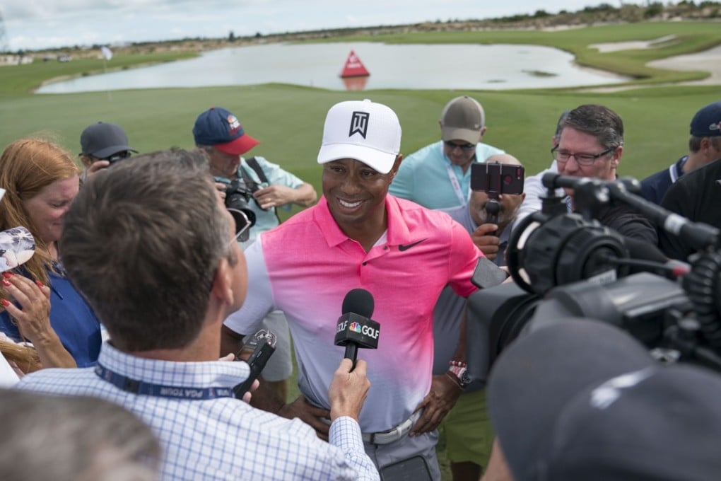 Tiger Woods talks to the media after a pro-am for the Hero World Challenge. Photo: USA Today