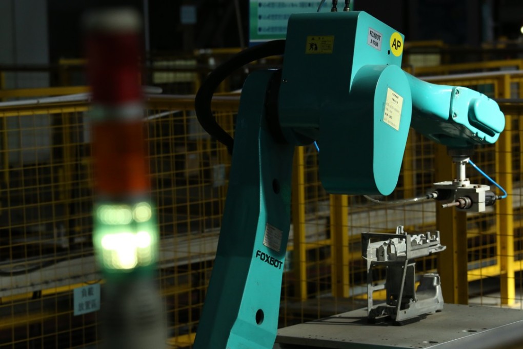 A robot being tested at a Foxconn facility in Shenzhen. Chinese start-up Megvii says it is working on a robot for Foxconn’s iPhone X assembly line. Photo: Nora Tam