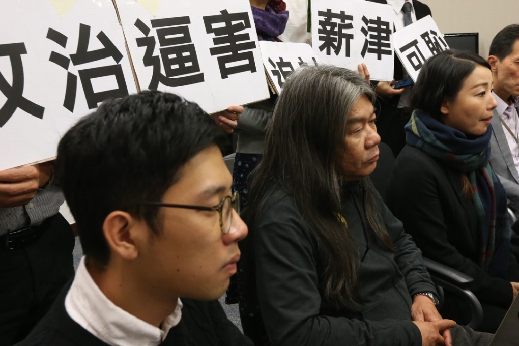 Four disqualified lawmakers (L to R) Nathan Law Kwun-ching, Leung Kwok-hung, Lau Siu-lai and Edward Yiu Chung-yim at a press conference, in response to Legislative Council Commission's demand to repay their salaries and allowances. Photo: Felix Wong