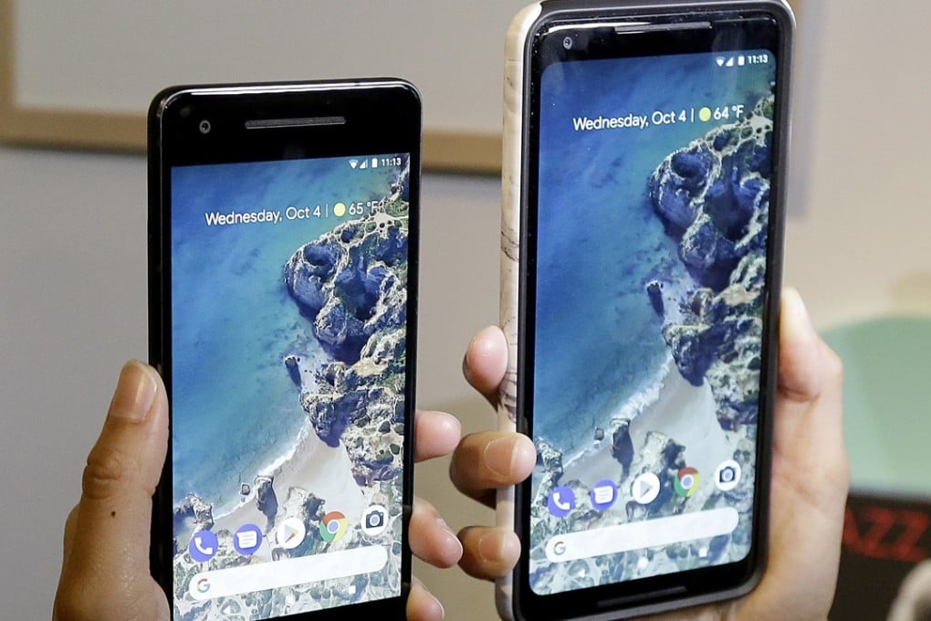 The Google Pixel 2 phone, left, next to the Pixel 2 XL phone which has been plagued by growing pains while being sold in the market. Photo: AP