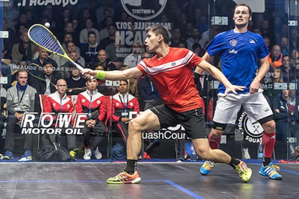 Max Lee battles against world number one Gregory Gaultier in Marseille. Photos: French Squash Federation