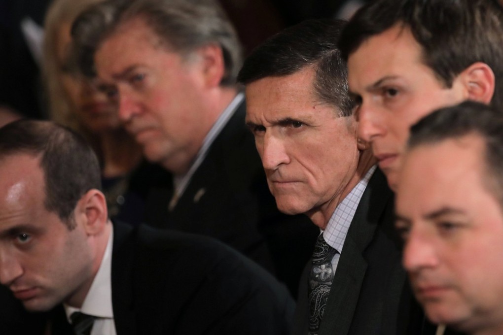 Michael Flynn sits in the middle of Trump’s top advisers – at the time – during a joint news conference between Trump and Canadian Prime Minister Justin Trudeau in February, 2017. Photo: Reuters