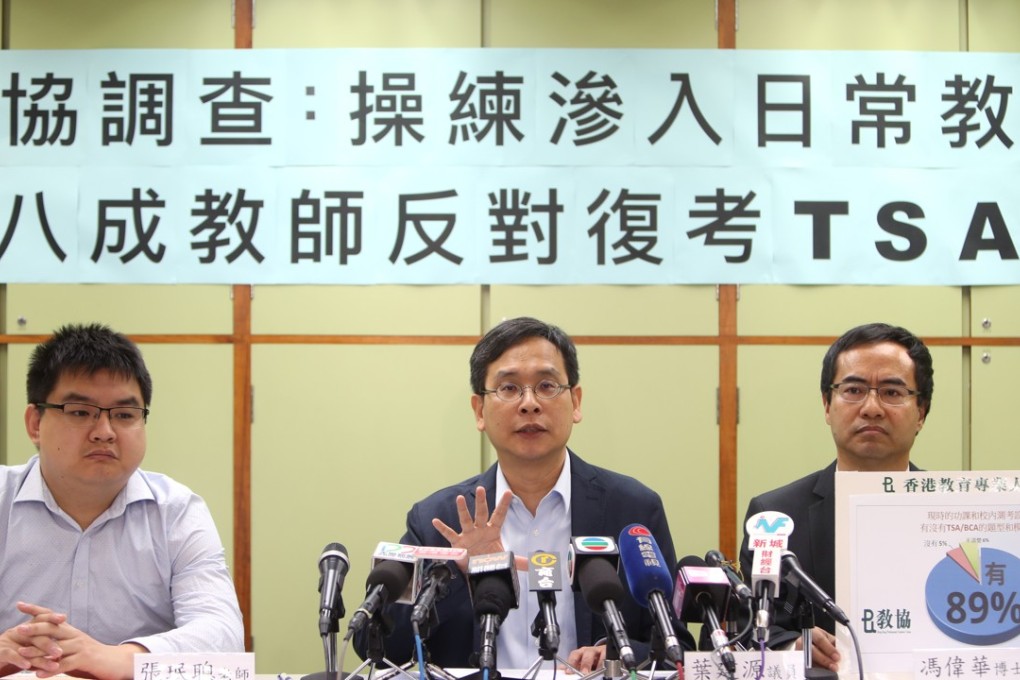 Hong Kong lawmaker Ip Kin-yuen (centre) discussing the poll findings on Sunday. Photo: Winson Wong