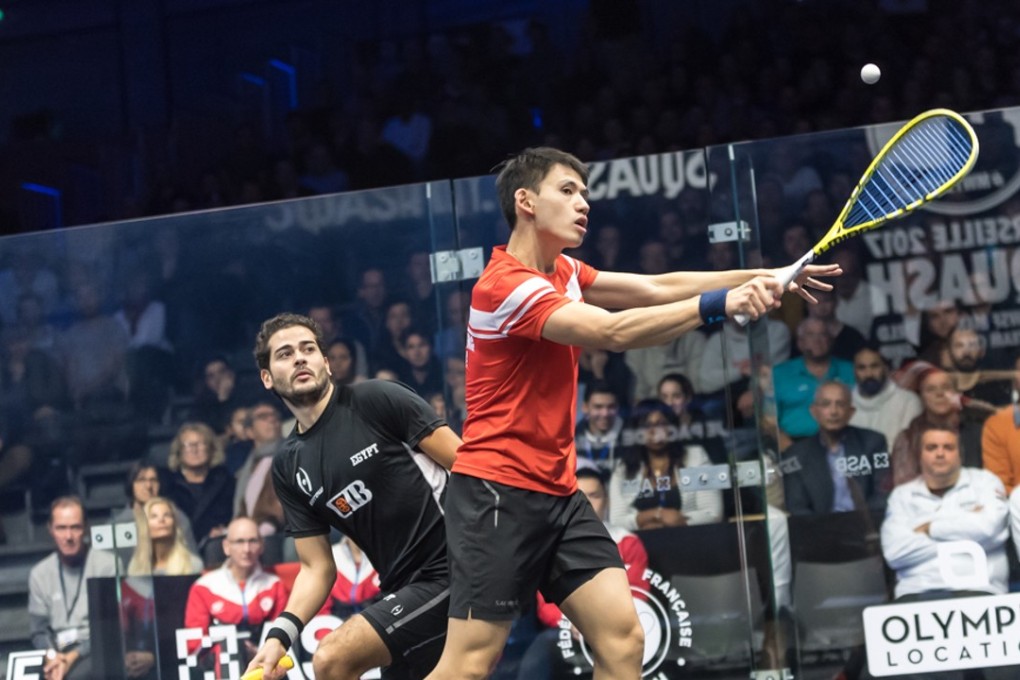 Max Lee Ho-yin plays against Egypt’s Karim Abdel Gawad in the World Team Championship semi-final. Photos: French Squash Federation